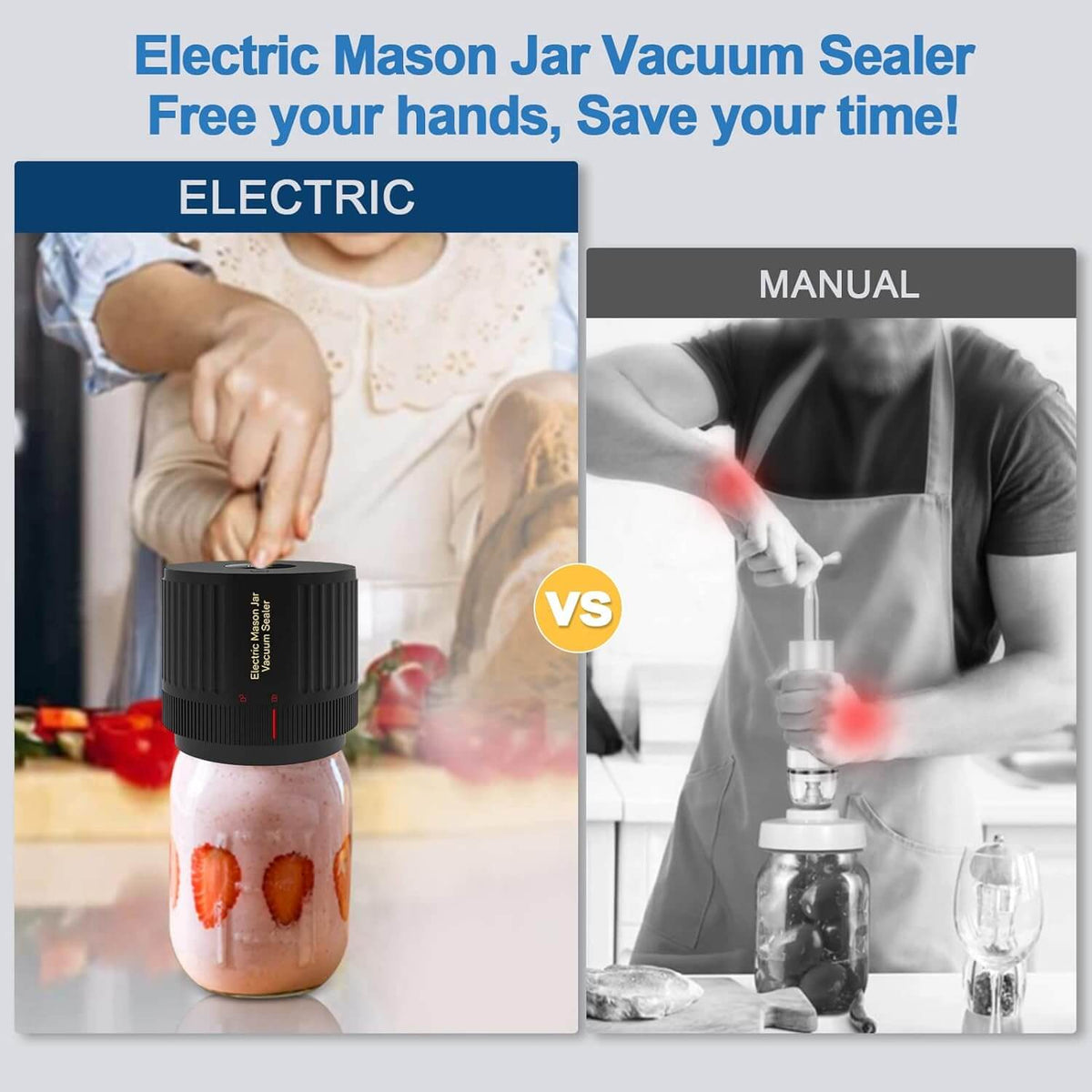 Electric mason jar vacuum sealer on a jar, compared with a manual hand-pump sealer