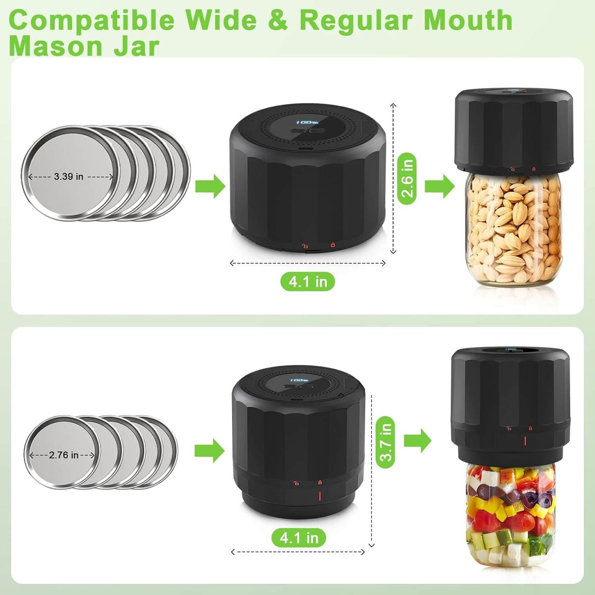 Sealer for wide-mouth (3.39 in lid) and regular-mouth (2.76 in lid) mason jars