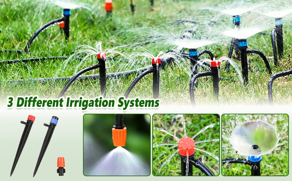 Three irrigation spikes with red, blue and orange emitter heads on a lawn