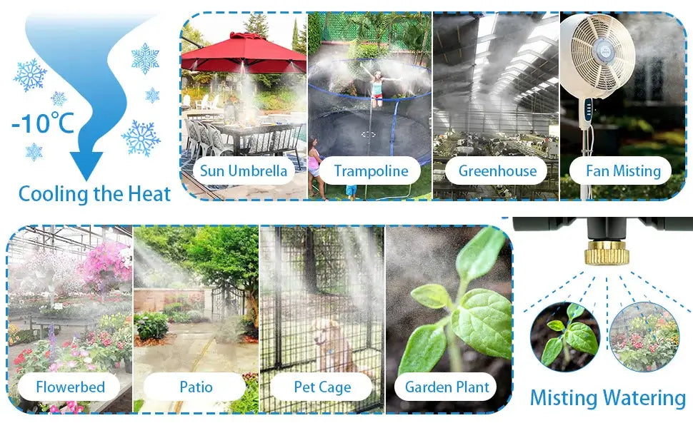 Misting nozzles used on patios, trampolines, greenhouses, flowerbeds, pet cages and garden plants