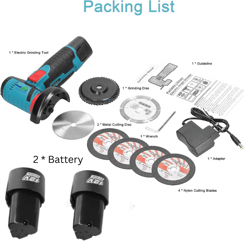 Package contents: mini angle grinder, two batteries, adapter, wrench, guideline and cutting discs