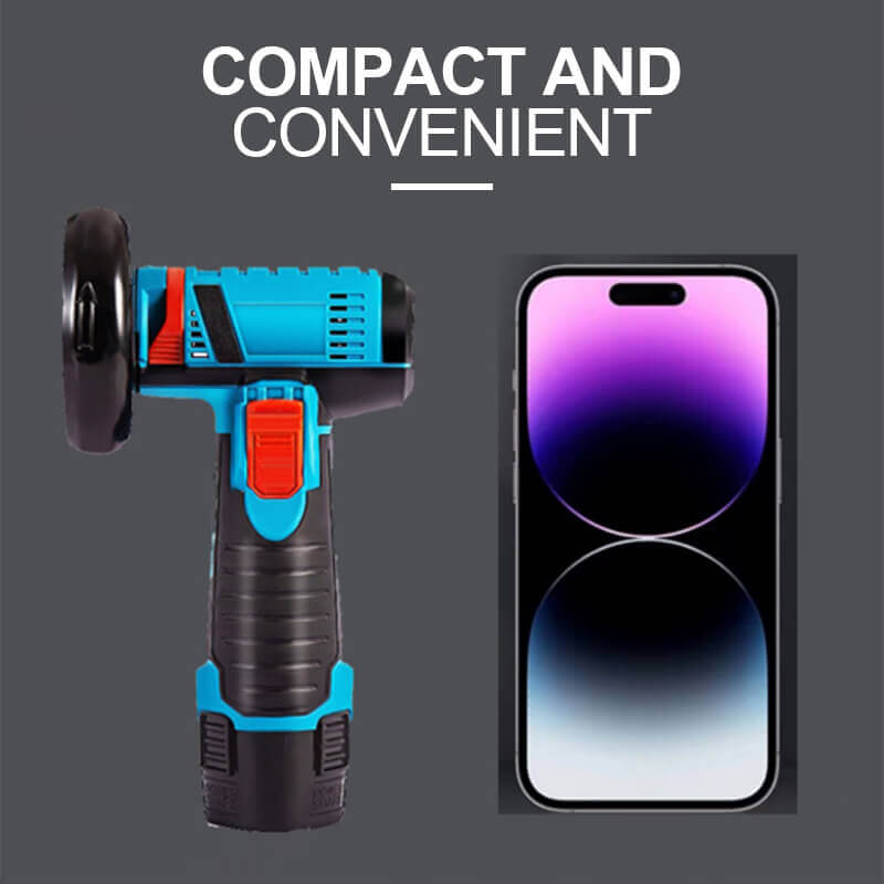 Mini angle grinder beside a smartphone screen to show its compact size