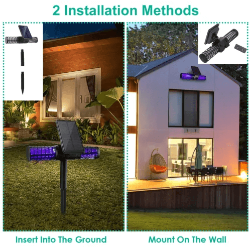 Solar mosquito lamp shown inserted into lawn ground and mounted on house wall