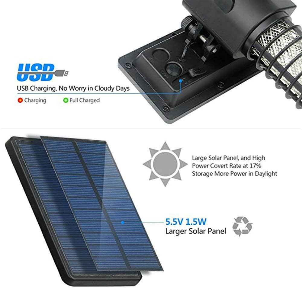 Solar mosquito lamp USB charging port beside its larger 5.5V 1.5W solar panel