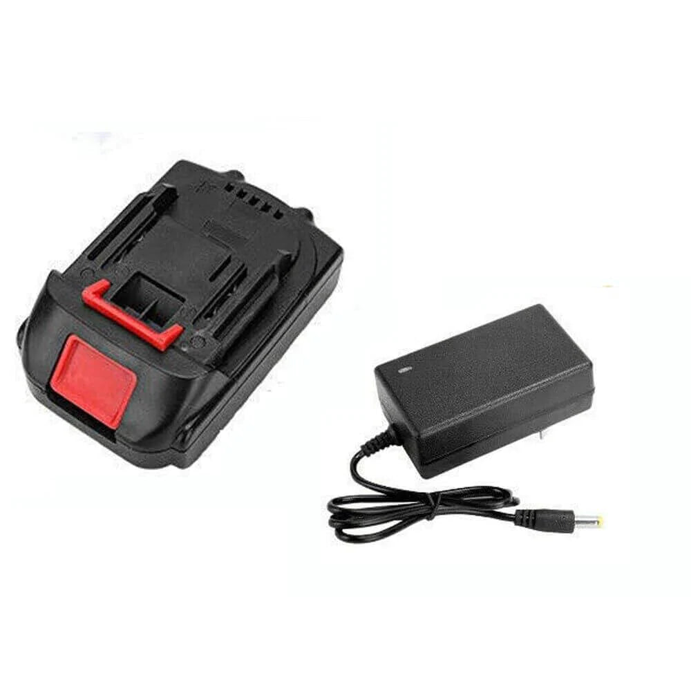 Black battery pack with a red latch next to a black charger with a barrel plug