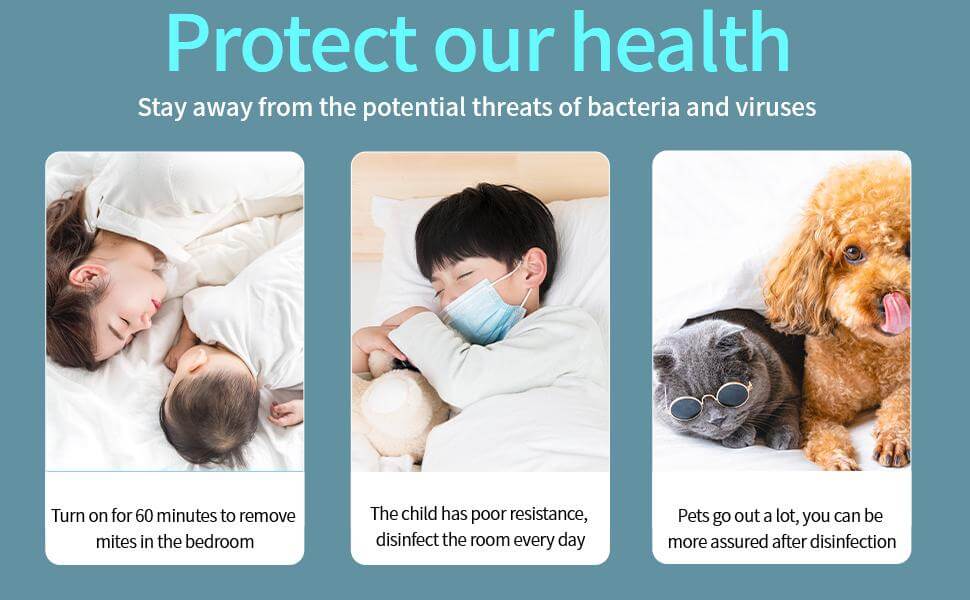 Panels showing a baby, a child in a mask and pets resting on beds under Protect our health heading