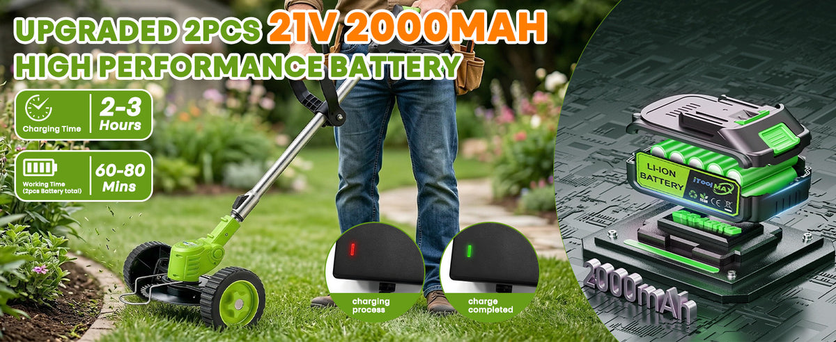 Two 21V 2000mAh batteries with 2-3 hour charging time and 60-80 minute working time