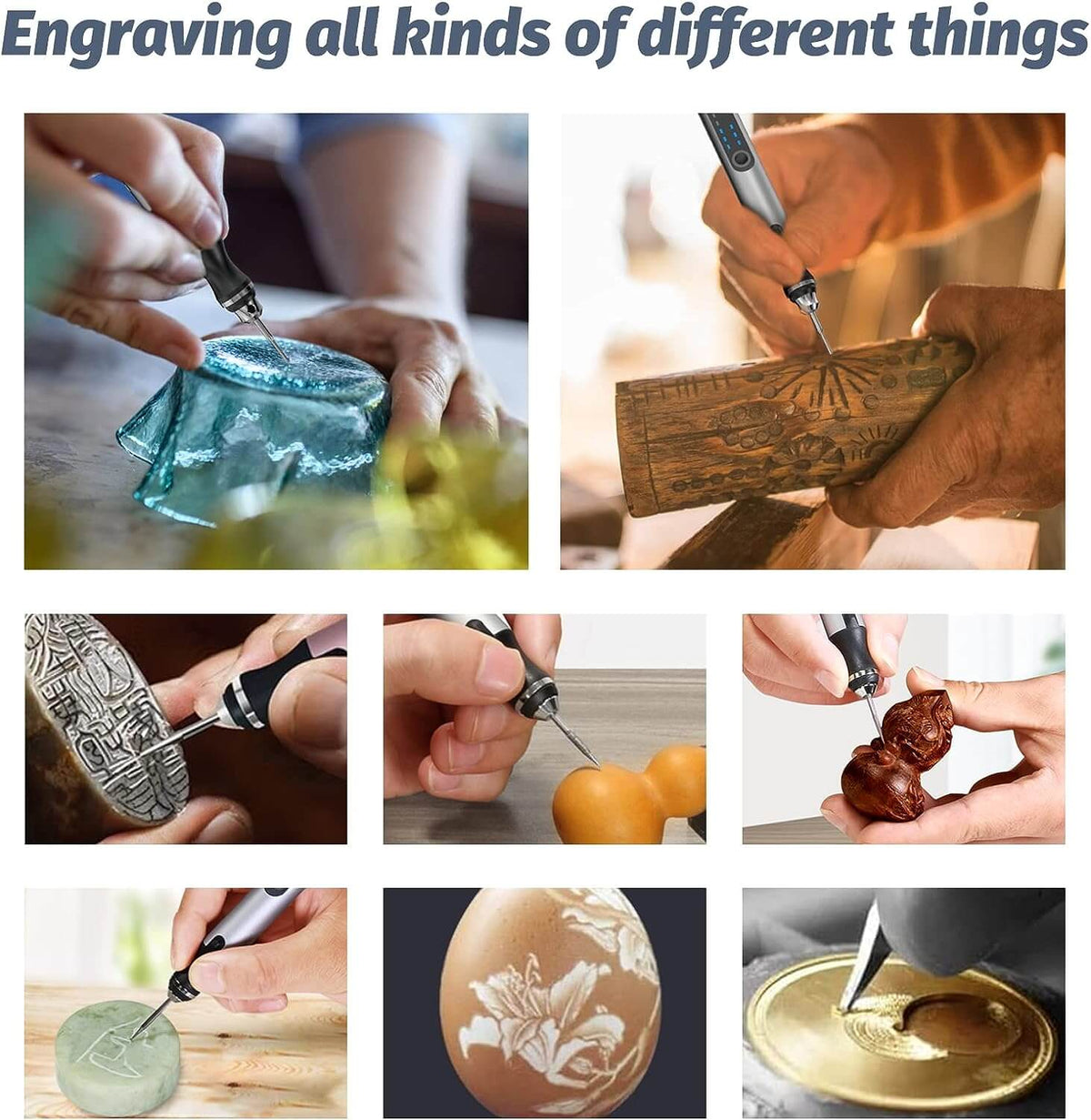 Cordless engraving pen used on glass, wood, stone, jade, eggshell and metal