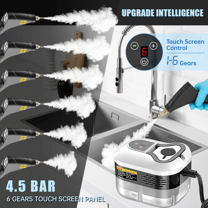 Steam cleaner spraying through six stages, with a touch panel control from 1 to 6 gears at 4.5 bar