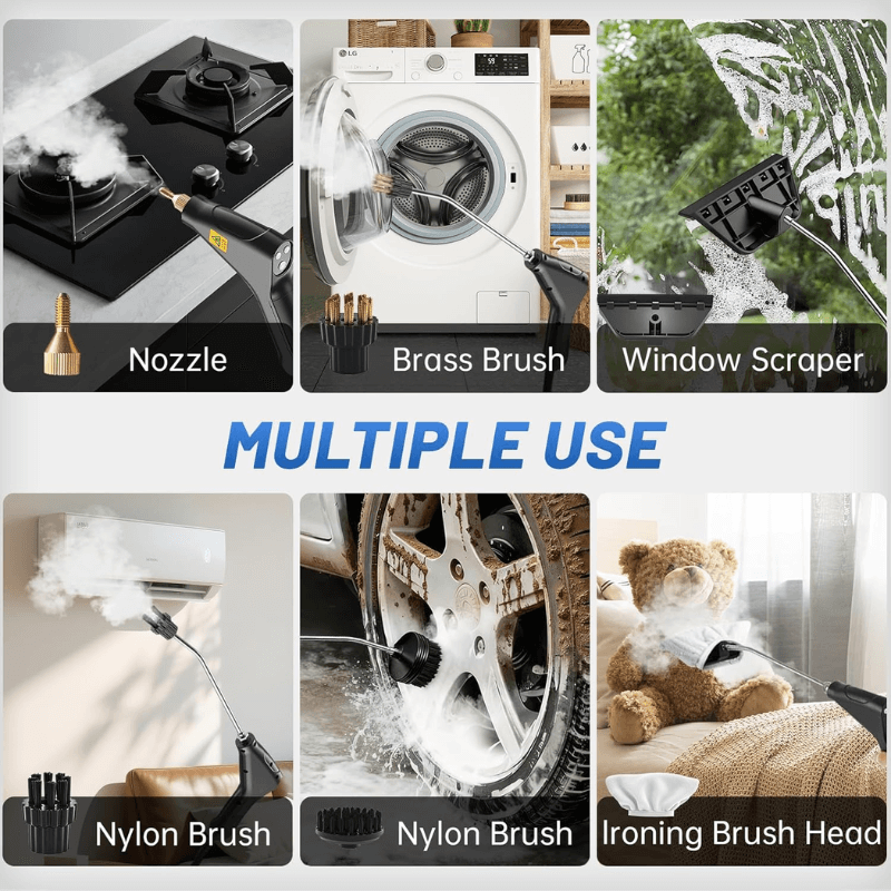 Steam cleaner attachments for multiple use: nozzle, brass brush, window scraper, nylon brushes and ironing head
