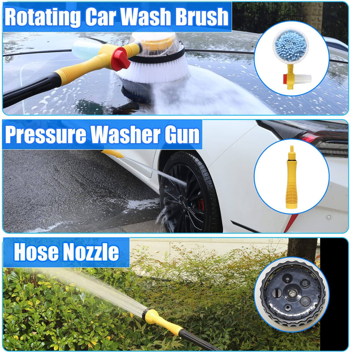 Car wash attachments: rotating brush, pressure washer gun and garden hose nozzle