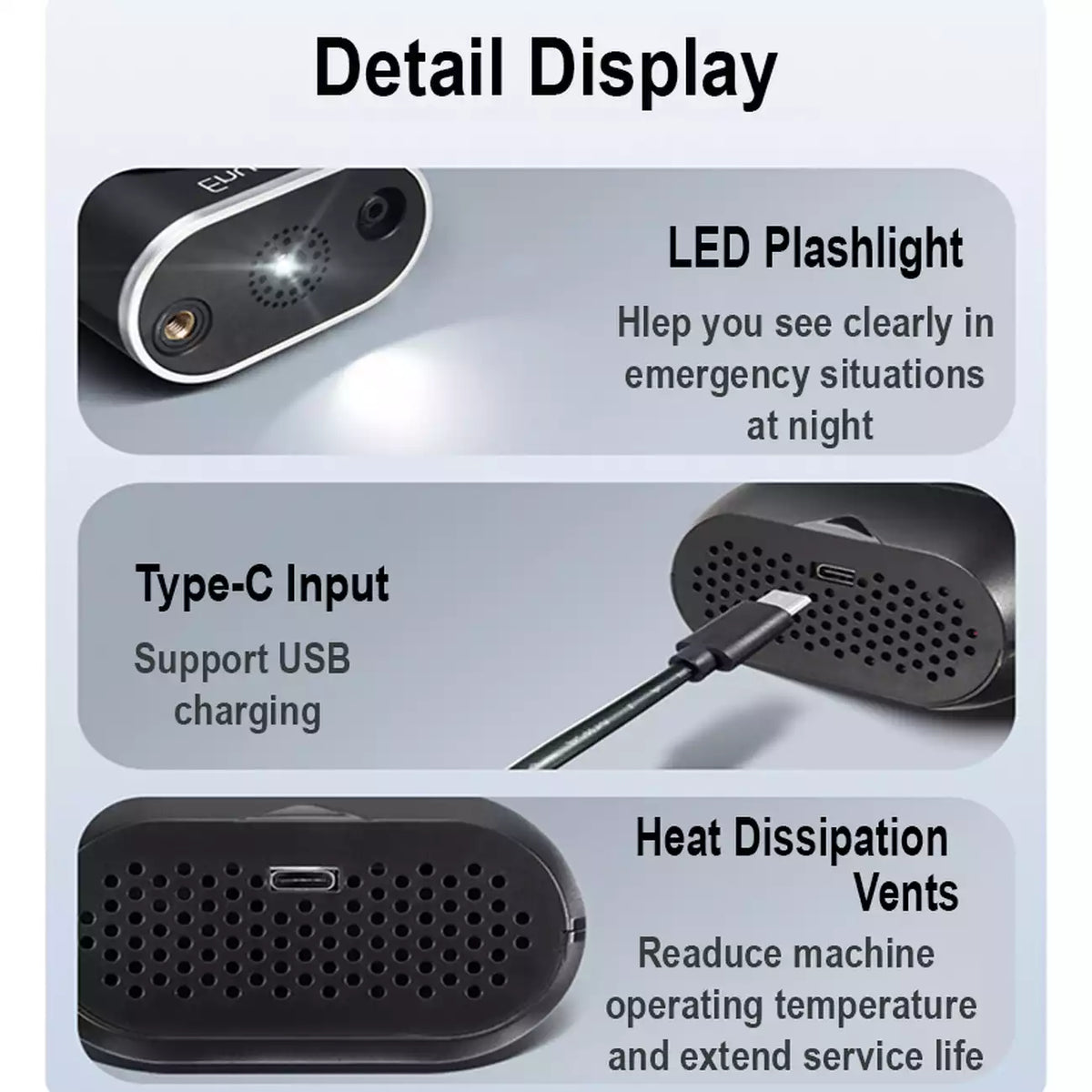 Close-up callouts for the LED flashlight, Type-C charging port and heat dissipation vents