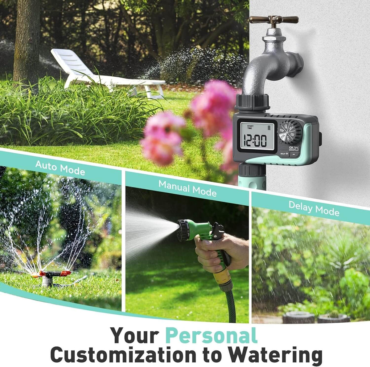 Digital hose timer on an outdoor faucet with auto, manual and delay modes
