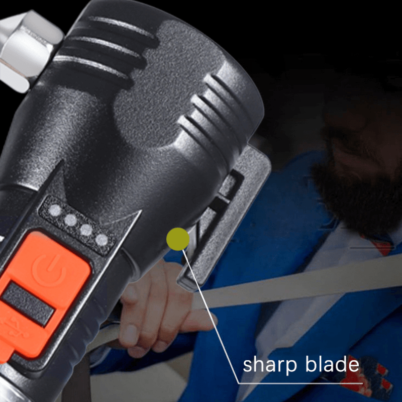 Close-up of the flashlight body with a sharp blade callout near a seat belt