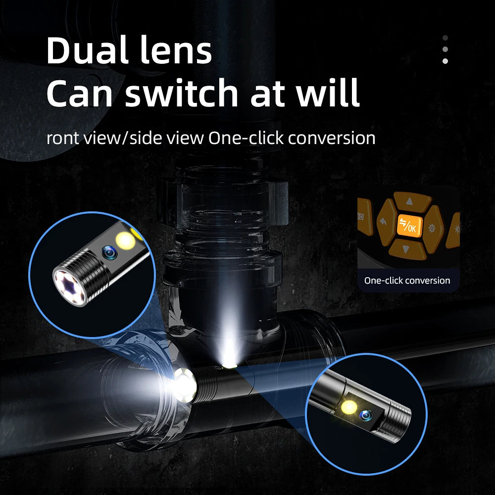 Dual-lens inspection camera switching between front view and side view inside a pipe