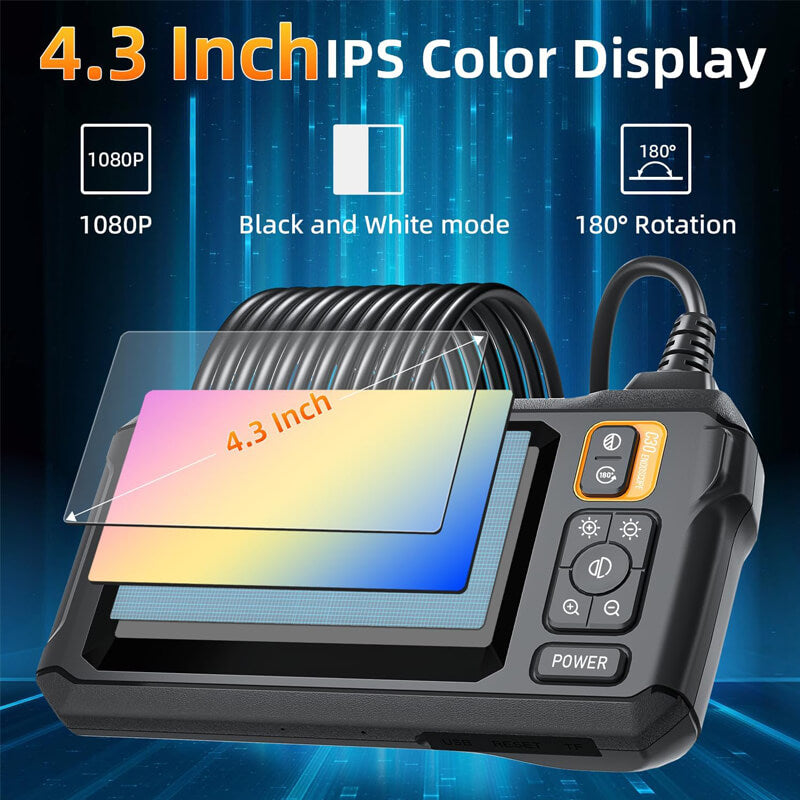 Handheld endoscope with 4.3 inch IPS display, 1080P resolution and 180 degree rotation