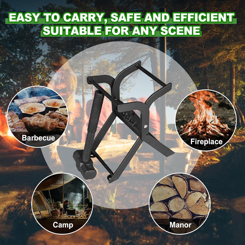 Black log splitter with rubber mallet, shown in barbecue, fireplace, camp and manor scene circles