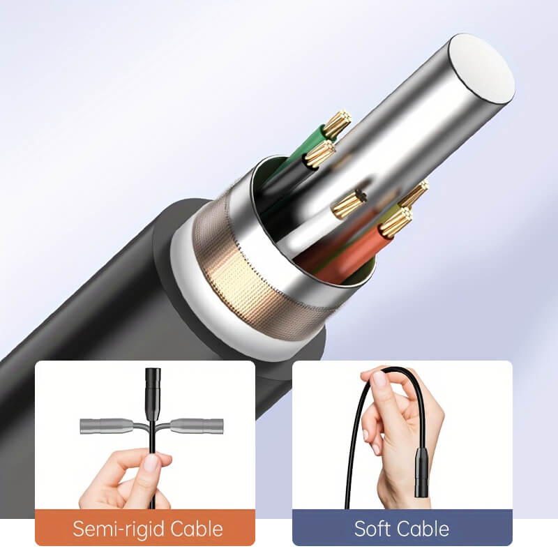 Cross-section of inspection cable with semi-rigid and soft cable options