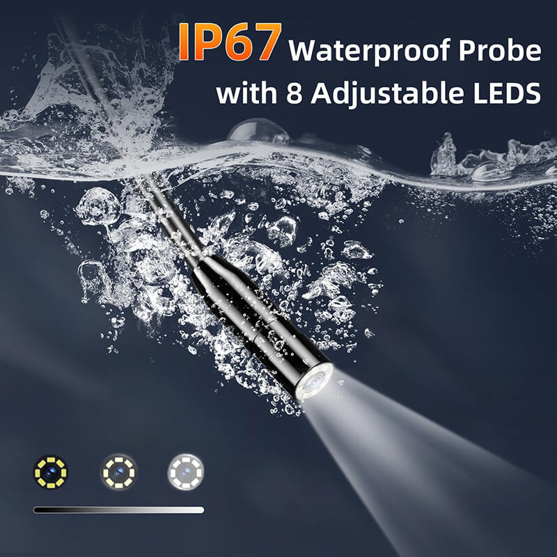 IP67 waterproof camera probe with eight adjustable LEDs submerged in water