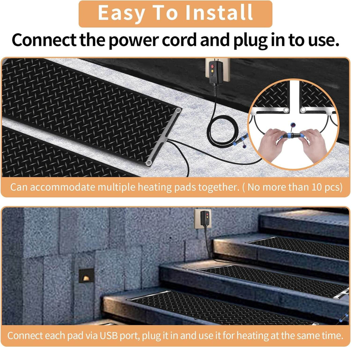 Installing snow melt pads: connect the power cord, up to 10 pads together, and plug in