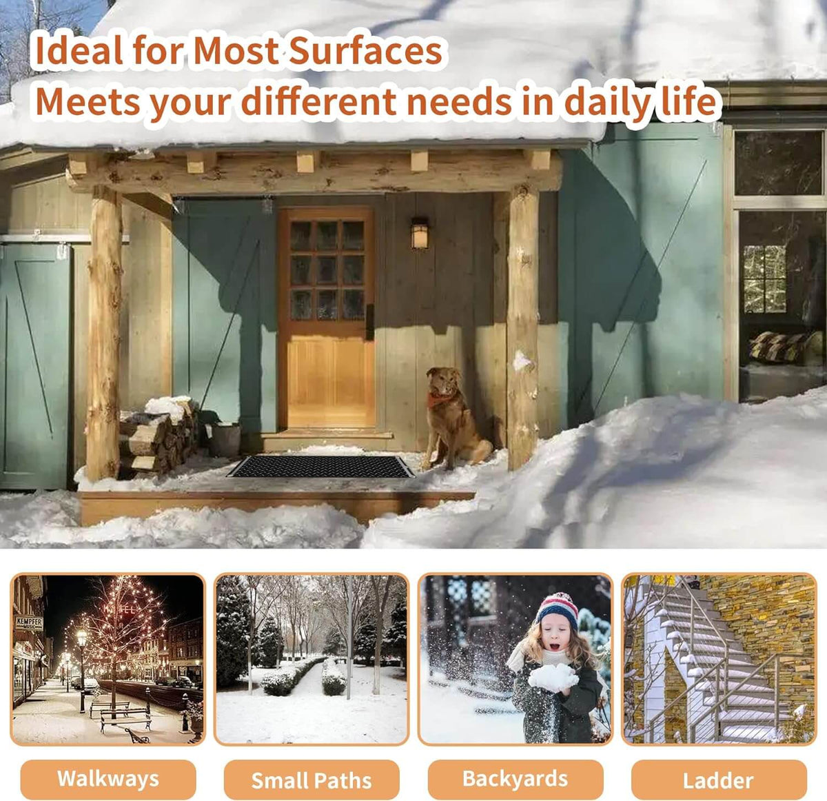 Black snow melt mat on a porch step beside a dog, with inset scenes of walkways, paths, backyards and stairs