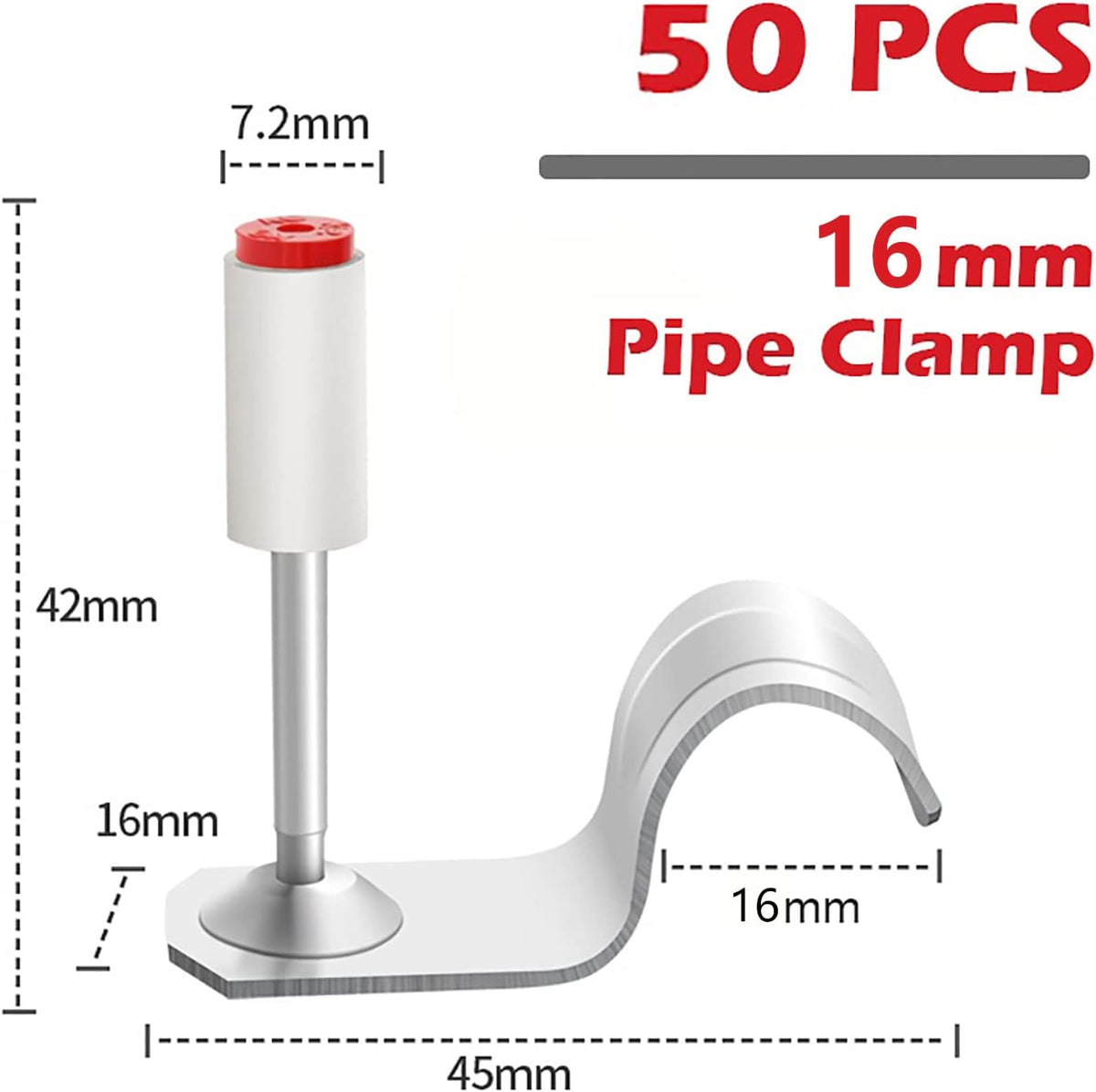 50-piece 16mm pipe clamp fastener, 42mm tall with 45mm base and 16mm opening