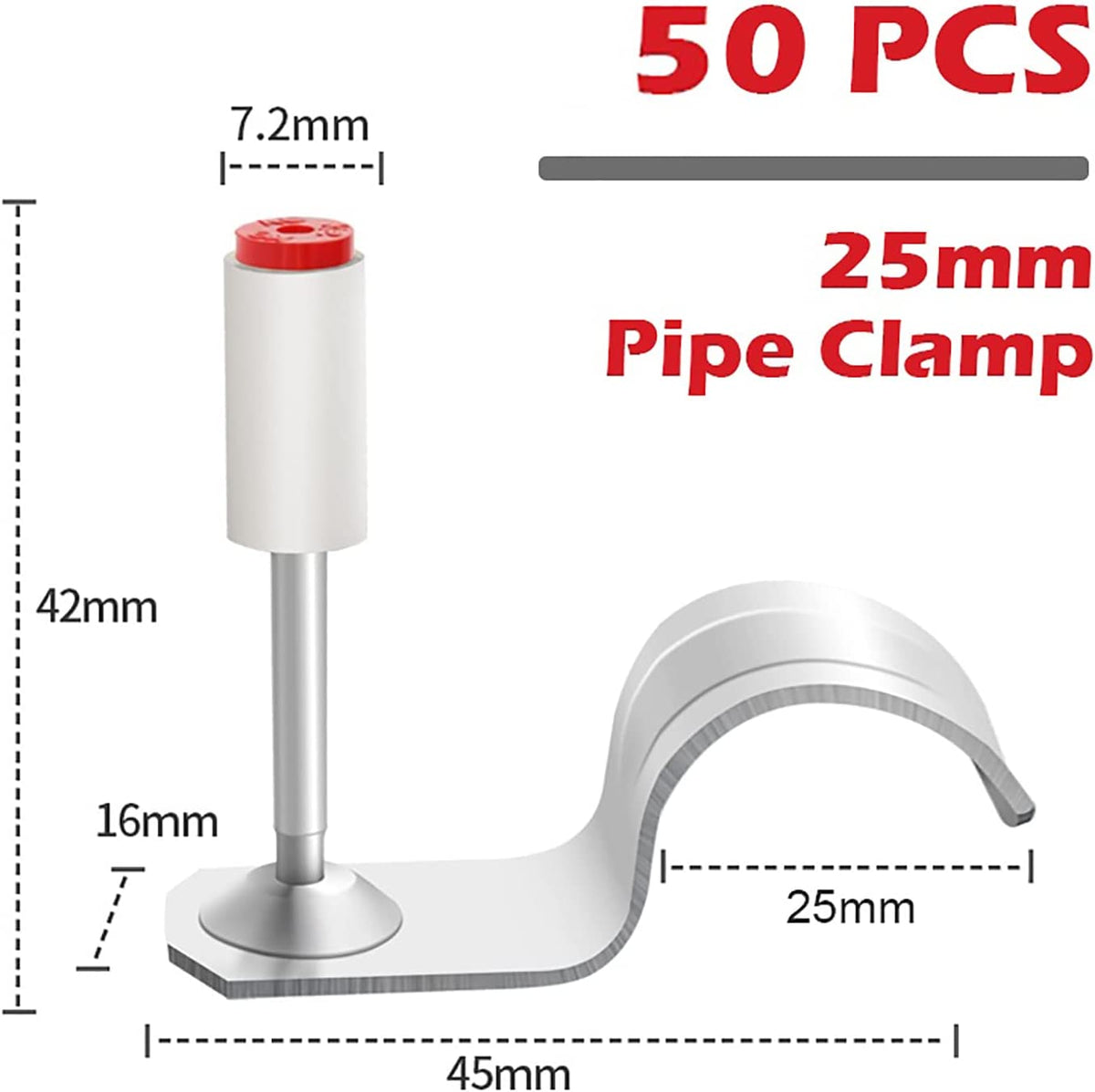50-piece 25mm pipe clamp fastener, 42mm tall with 45mm base and 25mm opening