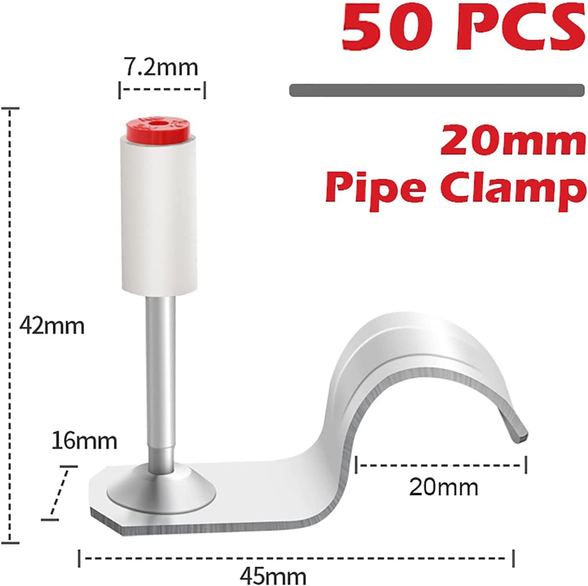 50-piece 20mm pipe clamp fastener, 42mm tall with 45mm base and 20mm opening