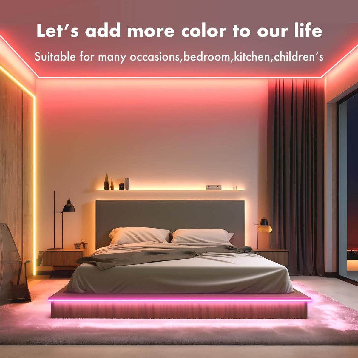 Pink neon rope light under a platform bed and along the ceiling of a bedroom