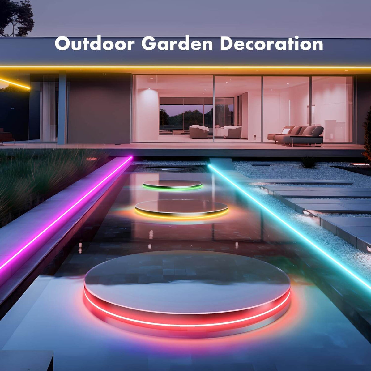 Outdoor neon rope lights lining a garden pond path, in pink, cyan and yellow