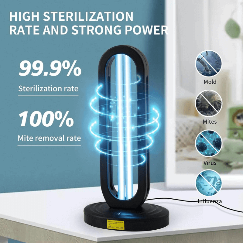 UV sanitizer lamp with printed 99.9% sterilization rate and 100% mite removal rate claims