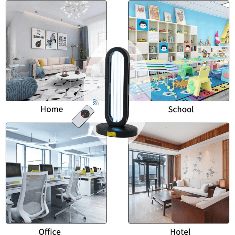 UV lamp with remote shown in home, school, office and hotel settings