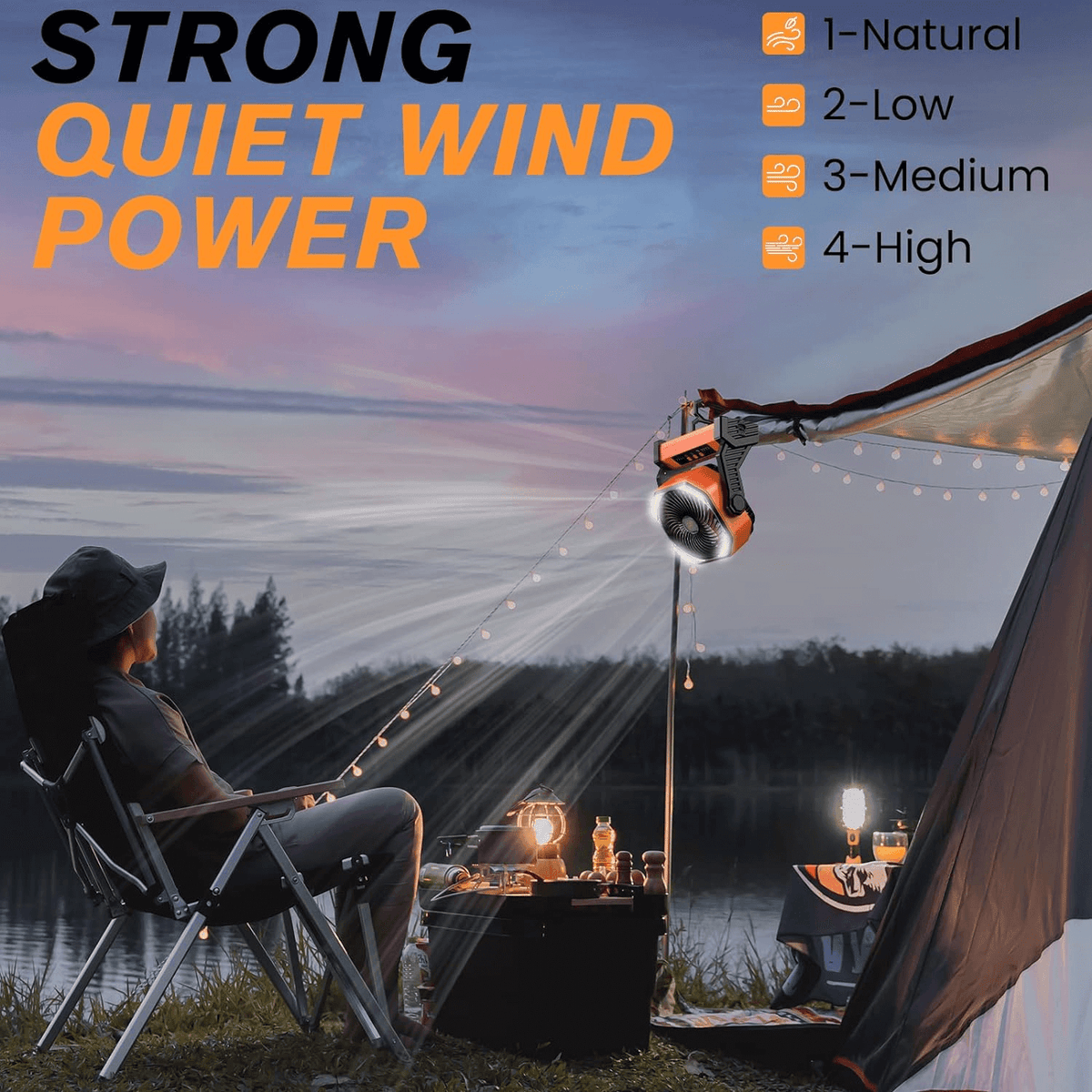 Camping fan hung from a tent pole beside a seated camper, with four wind speed settings