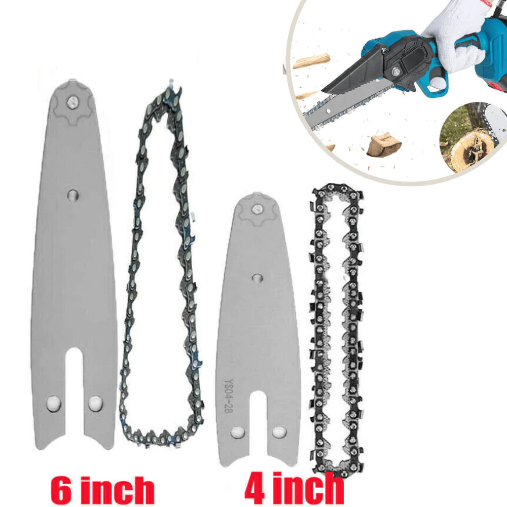 Gray 6-inch and 4-inch guide bars with saw chains for mini electric chainsaws
