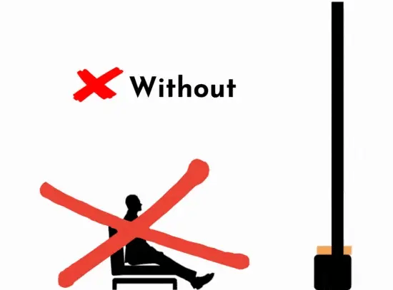 Person seated away from a stove with a red cross, labeled Without a fan