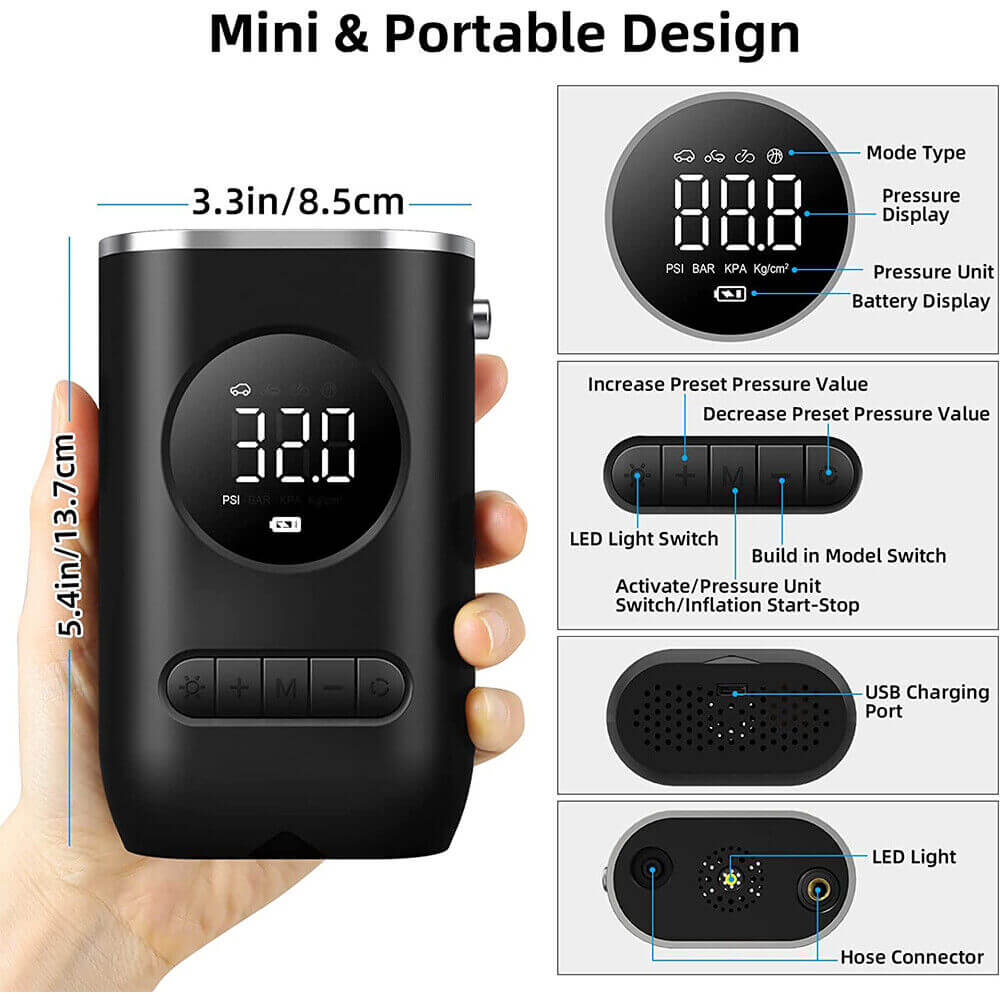 Mini portable tire pump, 3.3in by 5.4in body, with labeled display, buttons and hose connector