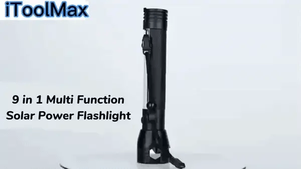 iToolMax 9 in 1 multi-function solar power flashlight standing upright on a white backdrop