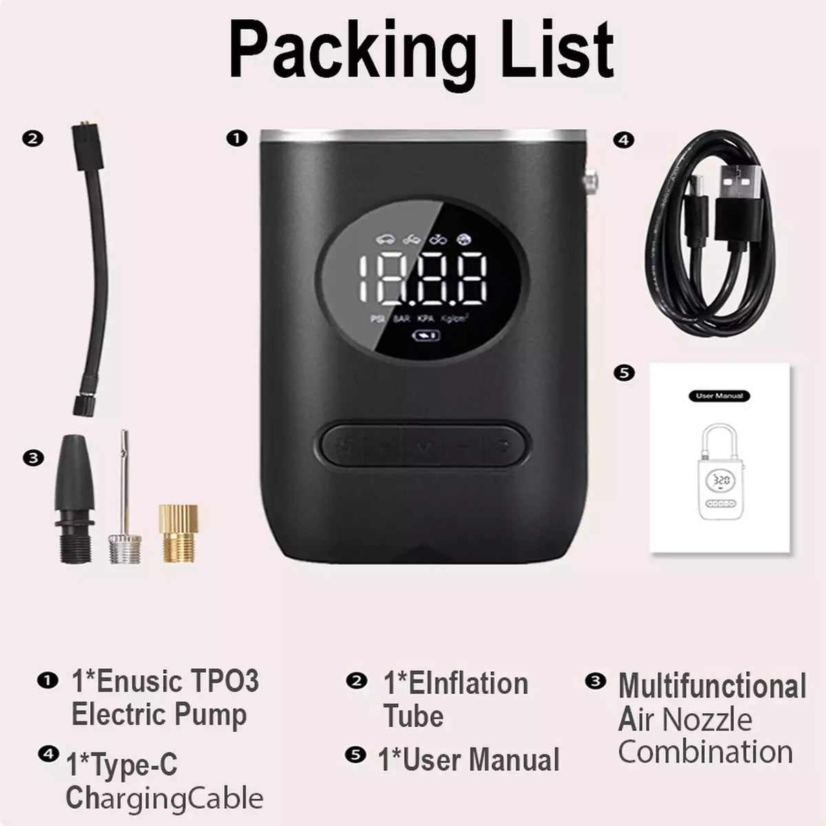 Package contents: pump, inflation tube, air nozzle set, Type-C charging cable and user manual