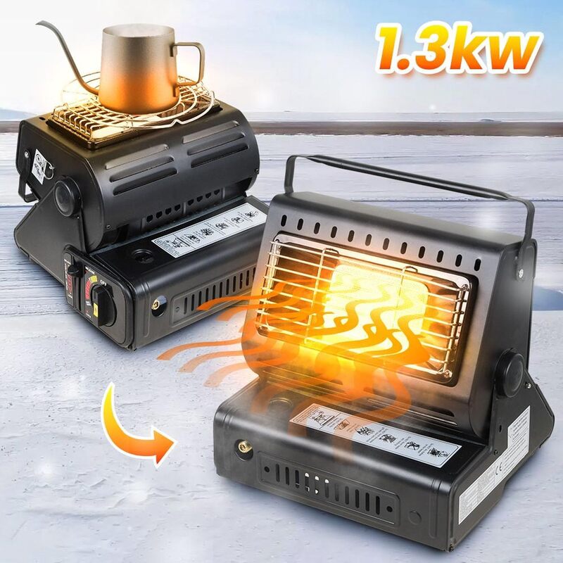 Black portable gas heater and stove, 1.3kw, shown as heater with glowing grille and stove with kettle