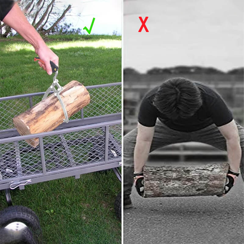 Log tongs lifting a log onto a metal wagon, contrasted with a person straining to carry a log by hand