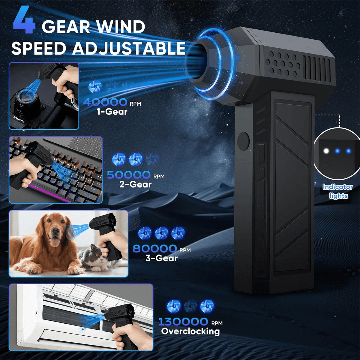 Air blaster with 4 wind speed gears from 40000 to 130000 RPM, and indicator lights