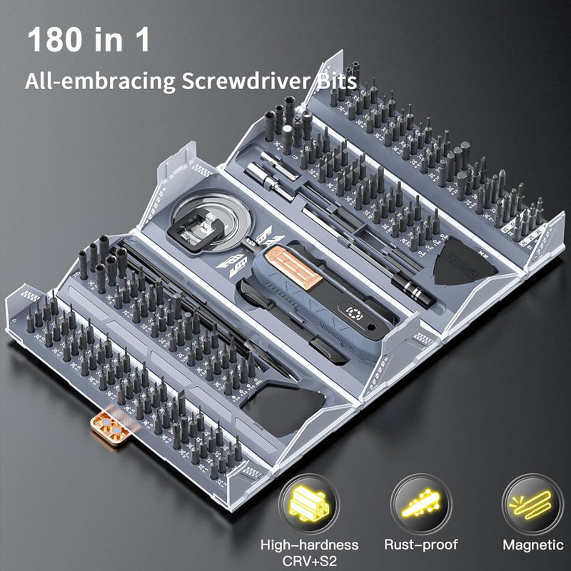 180-in-1 screwdriver kit with bits laid out in a case, high-hardness CRV+S2 steel