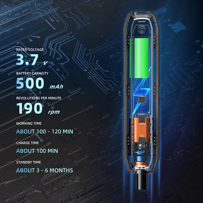 Cutaway of the screwdriver battery with specs: 3.7V, 500mAh, 190 rpm, 100-120 min runtime