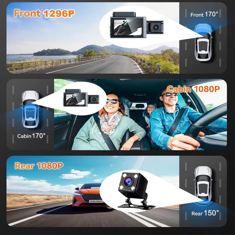 Three-channel dash cam views: front 1296P at 170 degrees, cabin 1080P at 170, rear 1080P at 150
