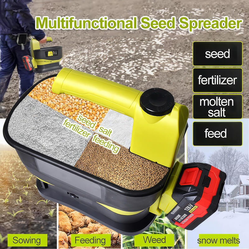 Yellow handheld spreader hopper with seed, fertilizer, salt and feed, for sowing and snow melting