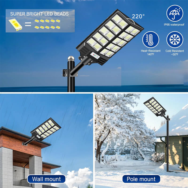 Solar street light with IP66 waterproof rating, 140°F heat and -50°F cold resistance, wall or pole mount