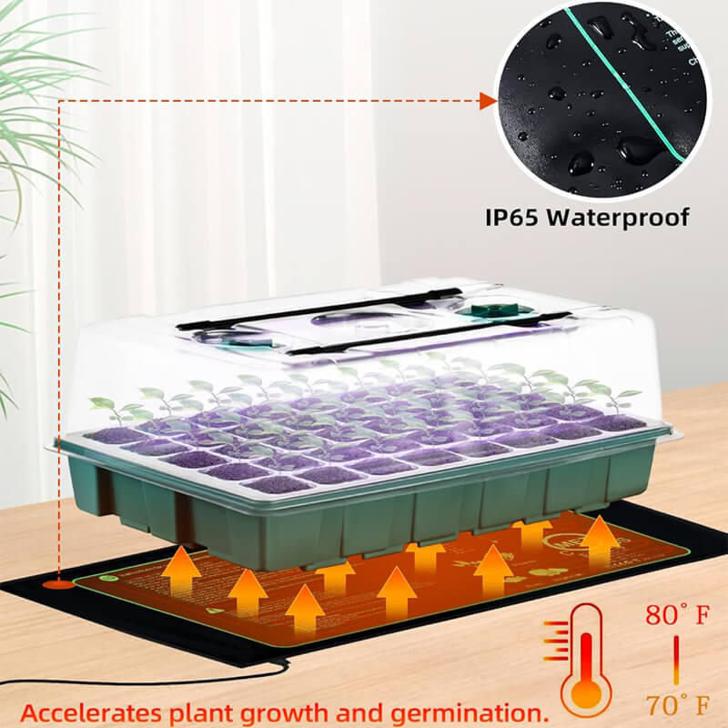 Maintains 70–85°F (24–30℃) for consistent warmth and faster sprouting. Advanced heating wire and insulation with overheat protection, safe for 24/7 use. Waterproof, durable, and flexible—rolls up for easy storage, encased in waterproof PVC.