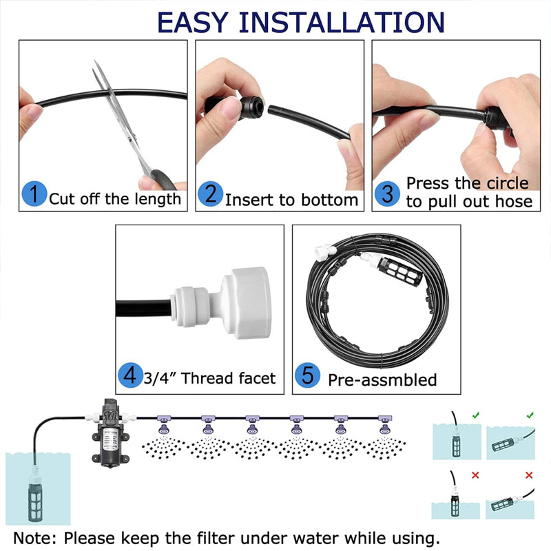 Step guide for misting tubing: cut to length, insert fitting, press to release, with pump and filter