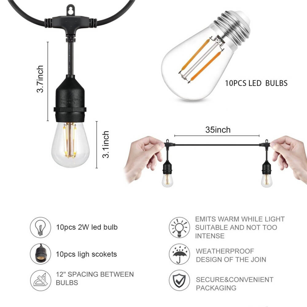 String light spec sheet: 35 inch span between sockets, 3.1 inch bulb and 3.7 inch socket