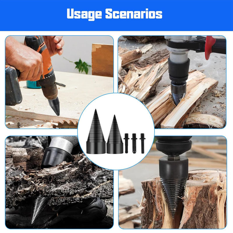 Four scenes of the cone splitter bit used with drills and on logs, plus two bits and shanks